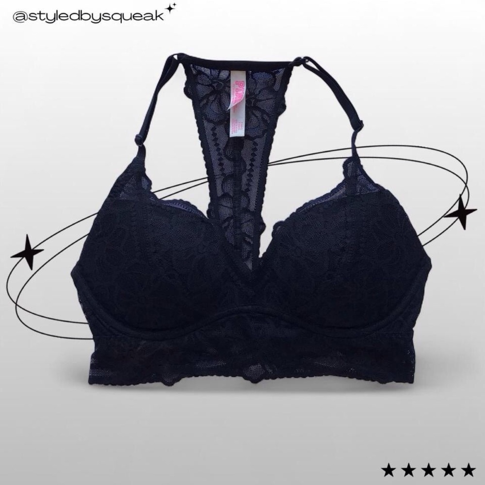 Pink Victorias Secret Black Lace Push-Up Bra Small Push Up Y2K Lingerie